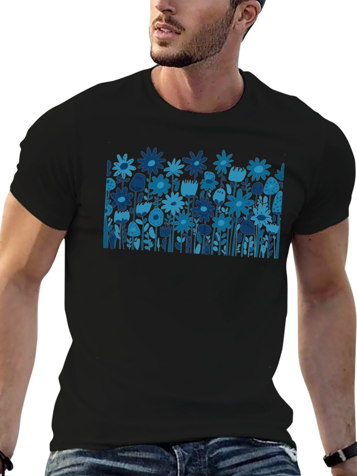 Blue Floral Print Black T-Shirt product image 7