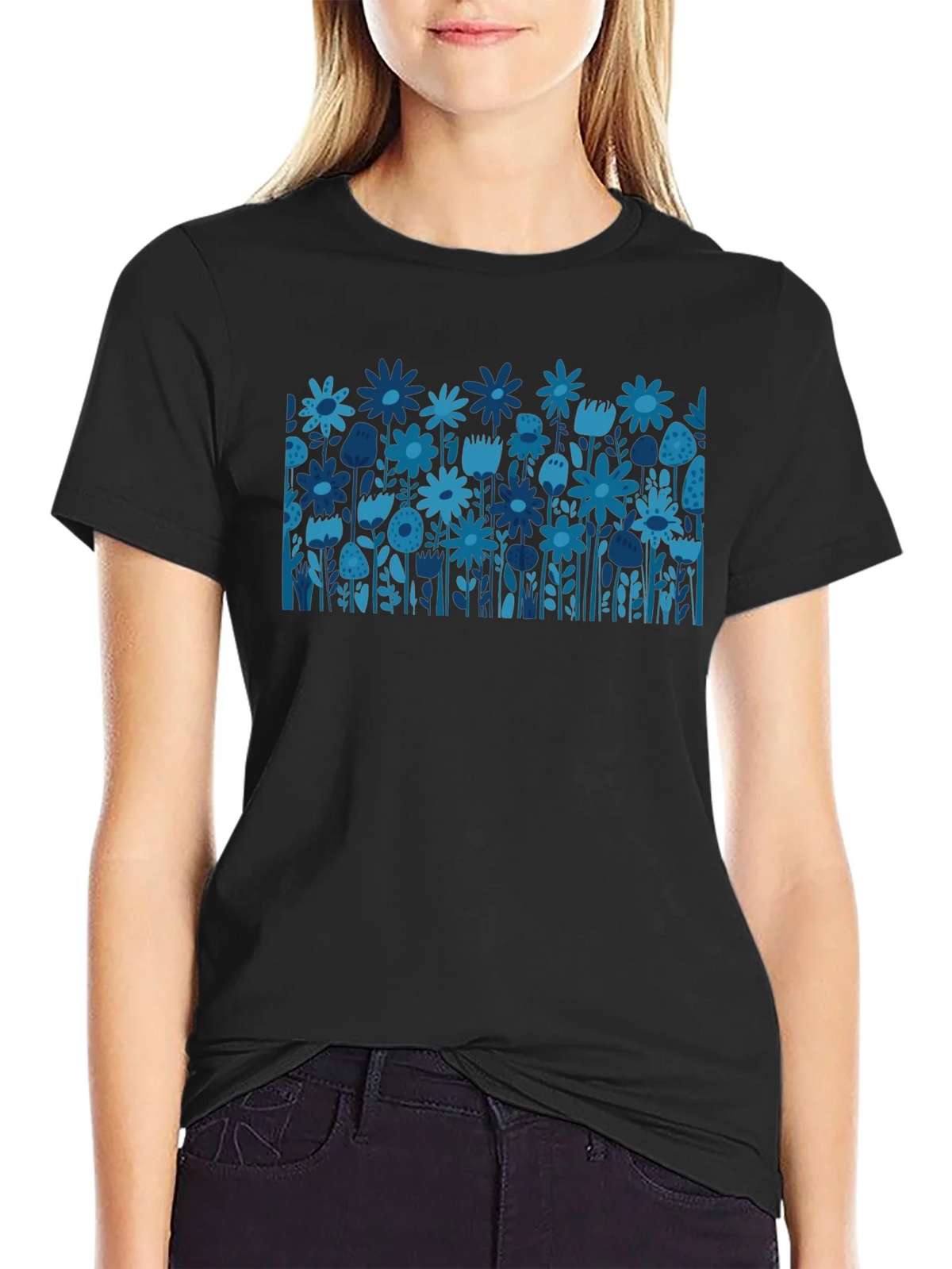 Blue Floral Print Black T-Shirt product image 2