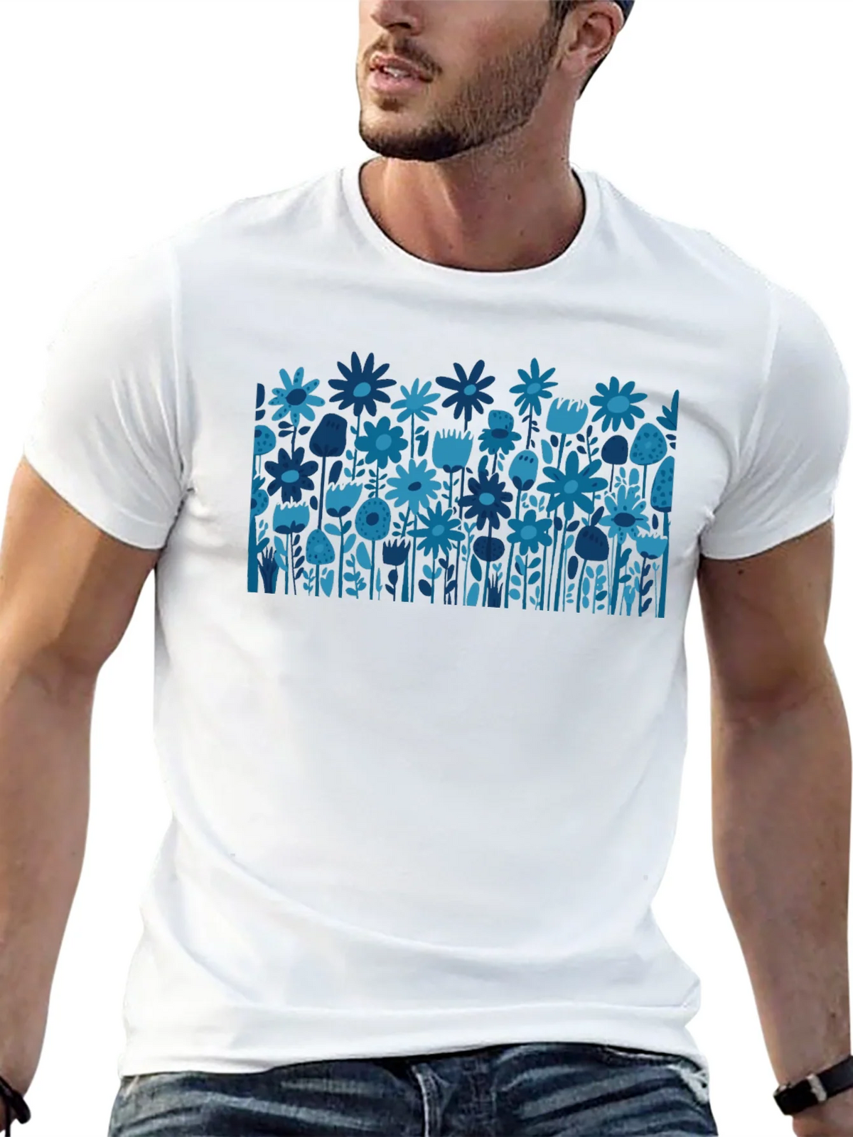 Blue Floral Print Black T-Shirt product image 12