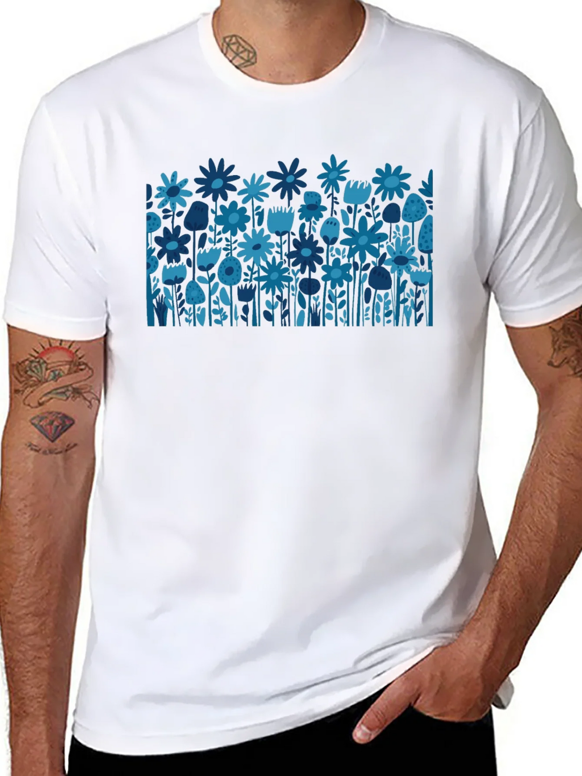 Blue Floral Print Black T-Shirt product image 8