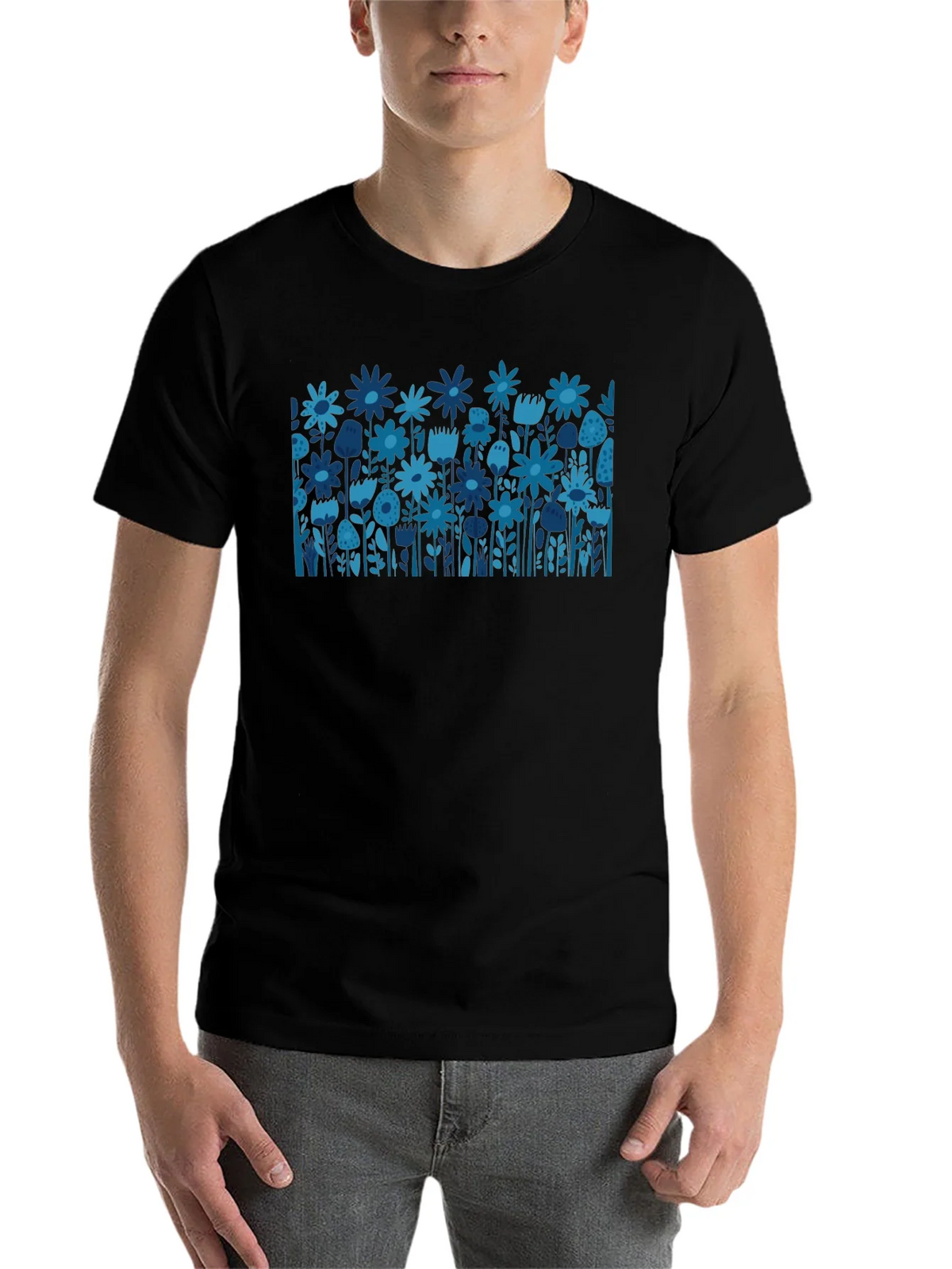 Blue Floral Print Black T-Shirt product image 6