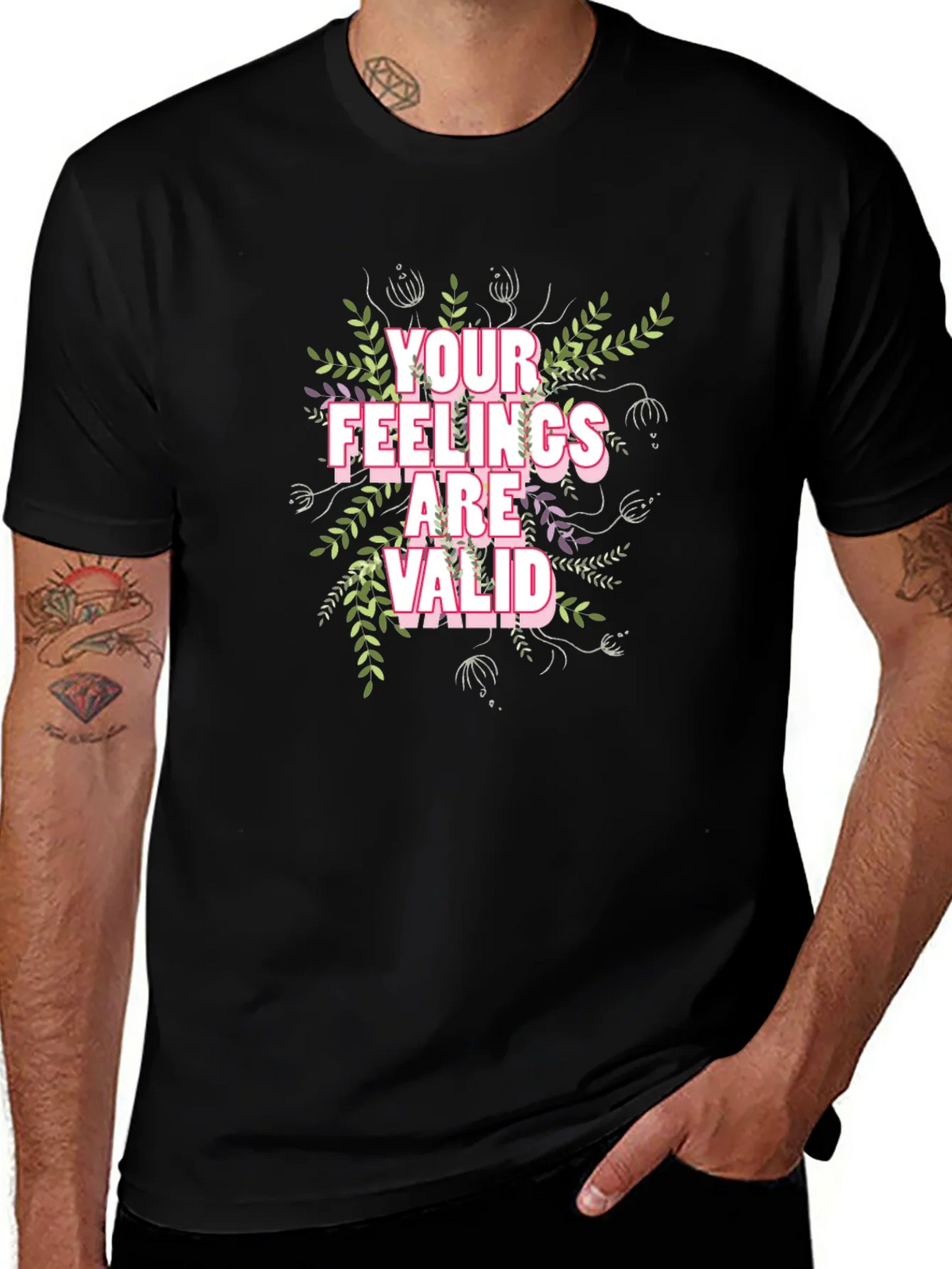 Floral Your Feelings Are Valid Black T-Shirt product image 1