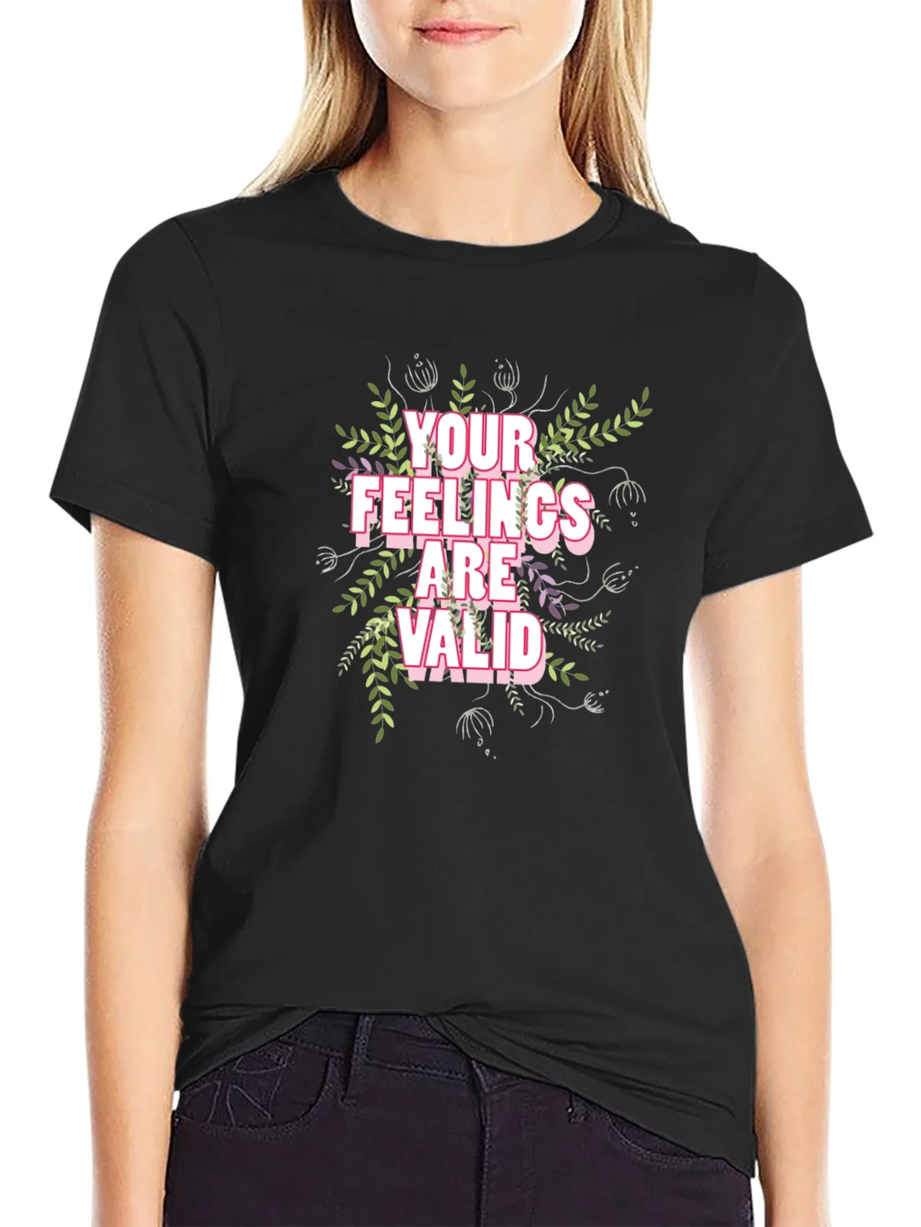 Floral Your Feelings Are Valid Black T-Shirt product image 2