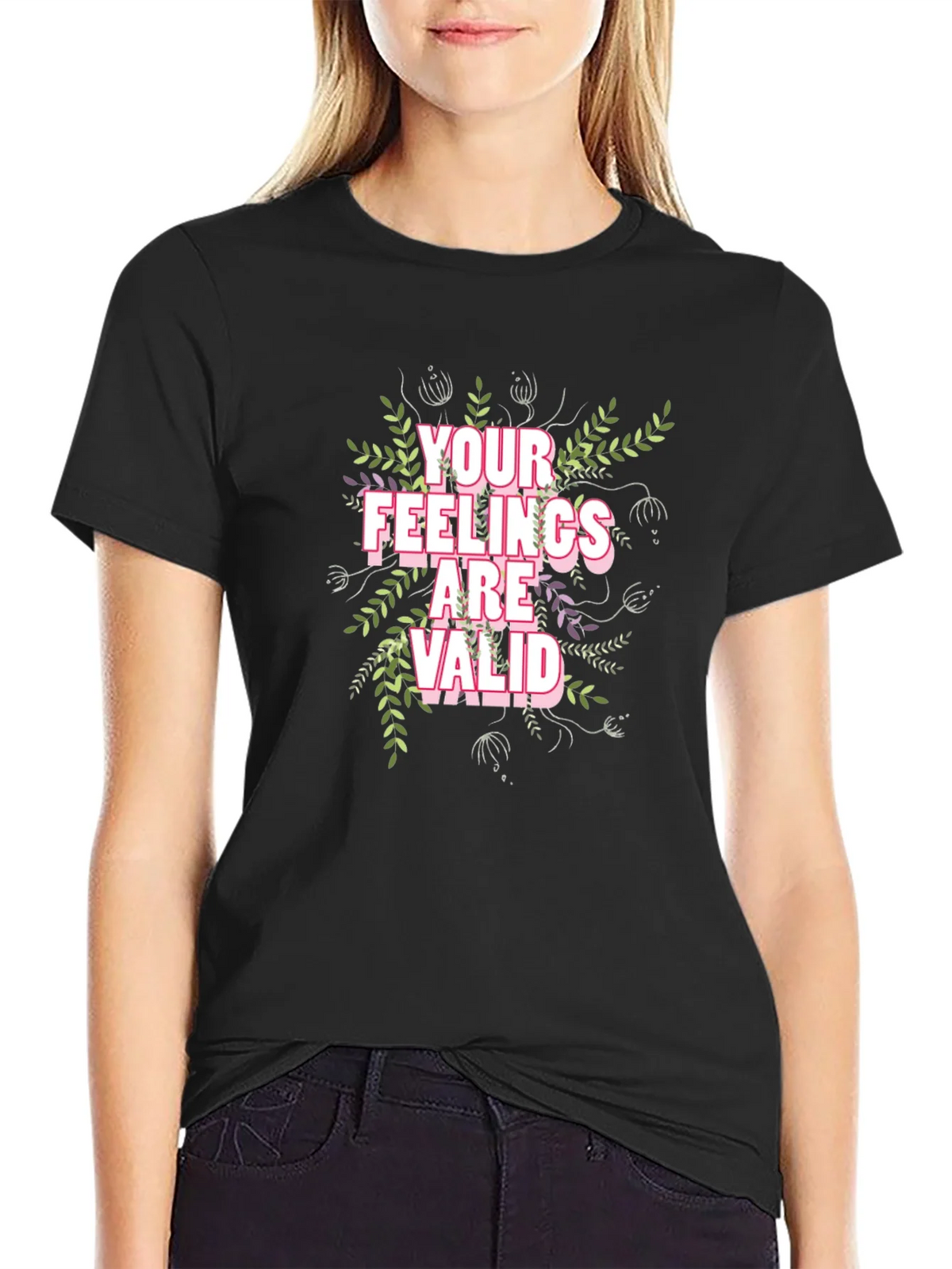 Floral Your Feelings Are Valid Black T-Shirt product image 2