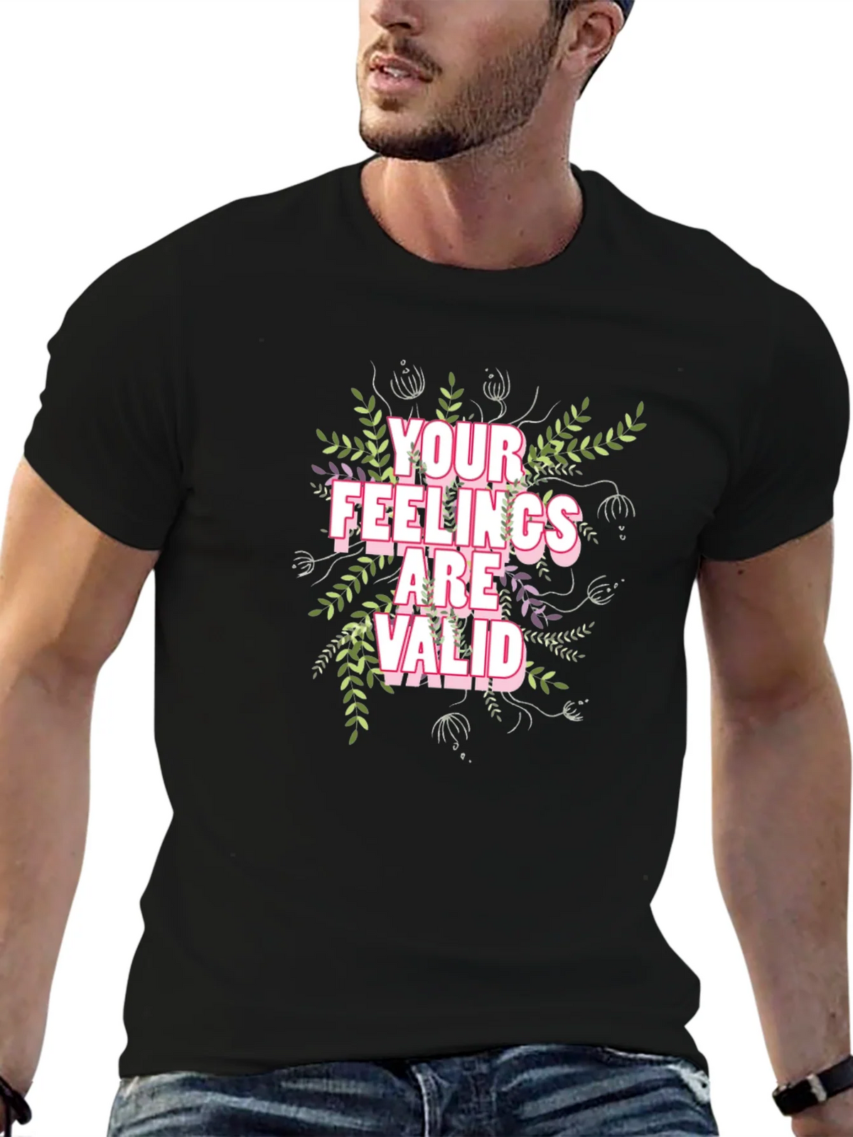 Floral Your Feelings Are Valid Black T-Shirt product image 4