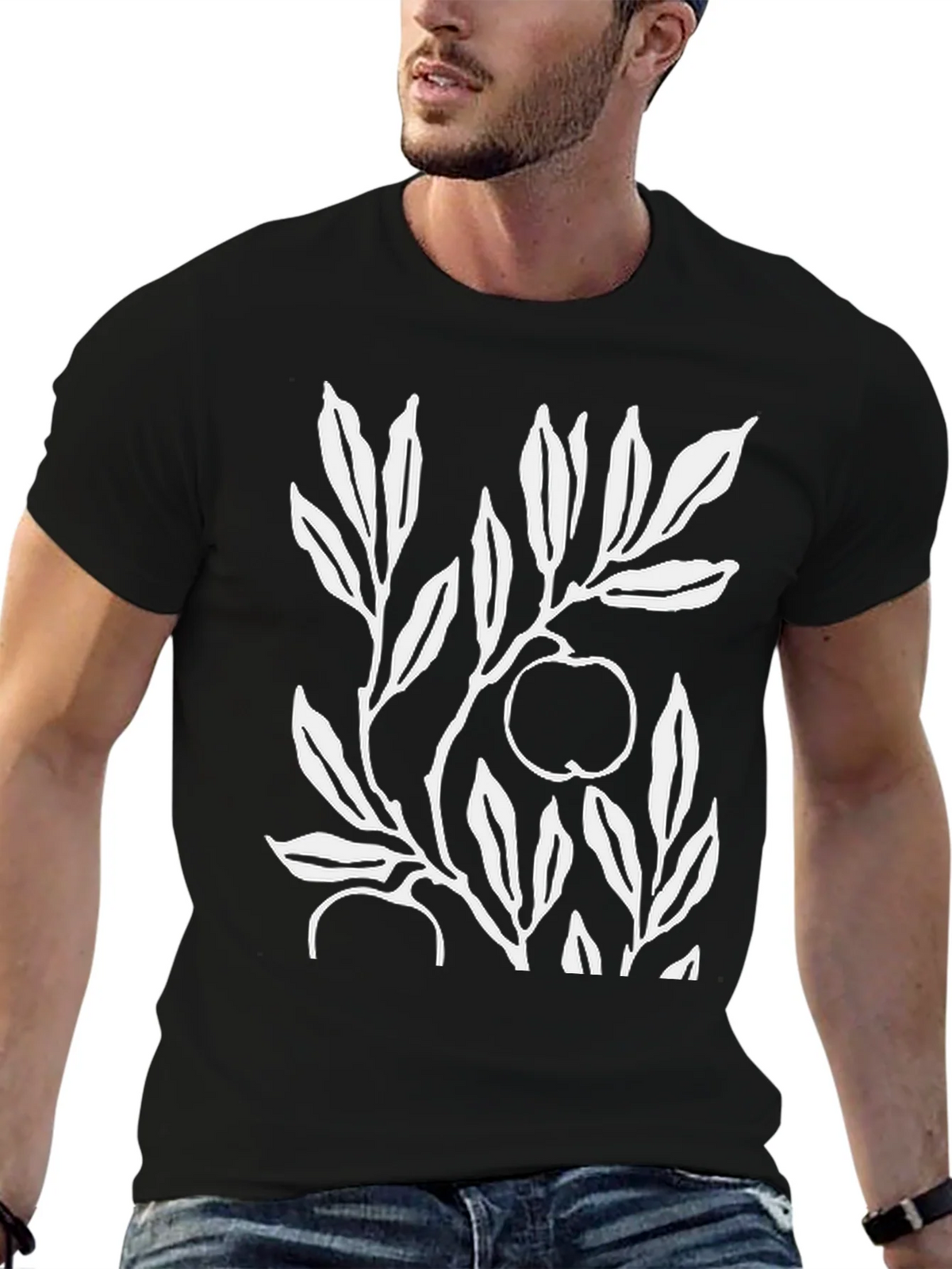 Botanical Apple Branch Print Black T-Shirt product image 6