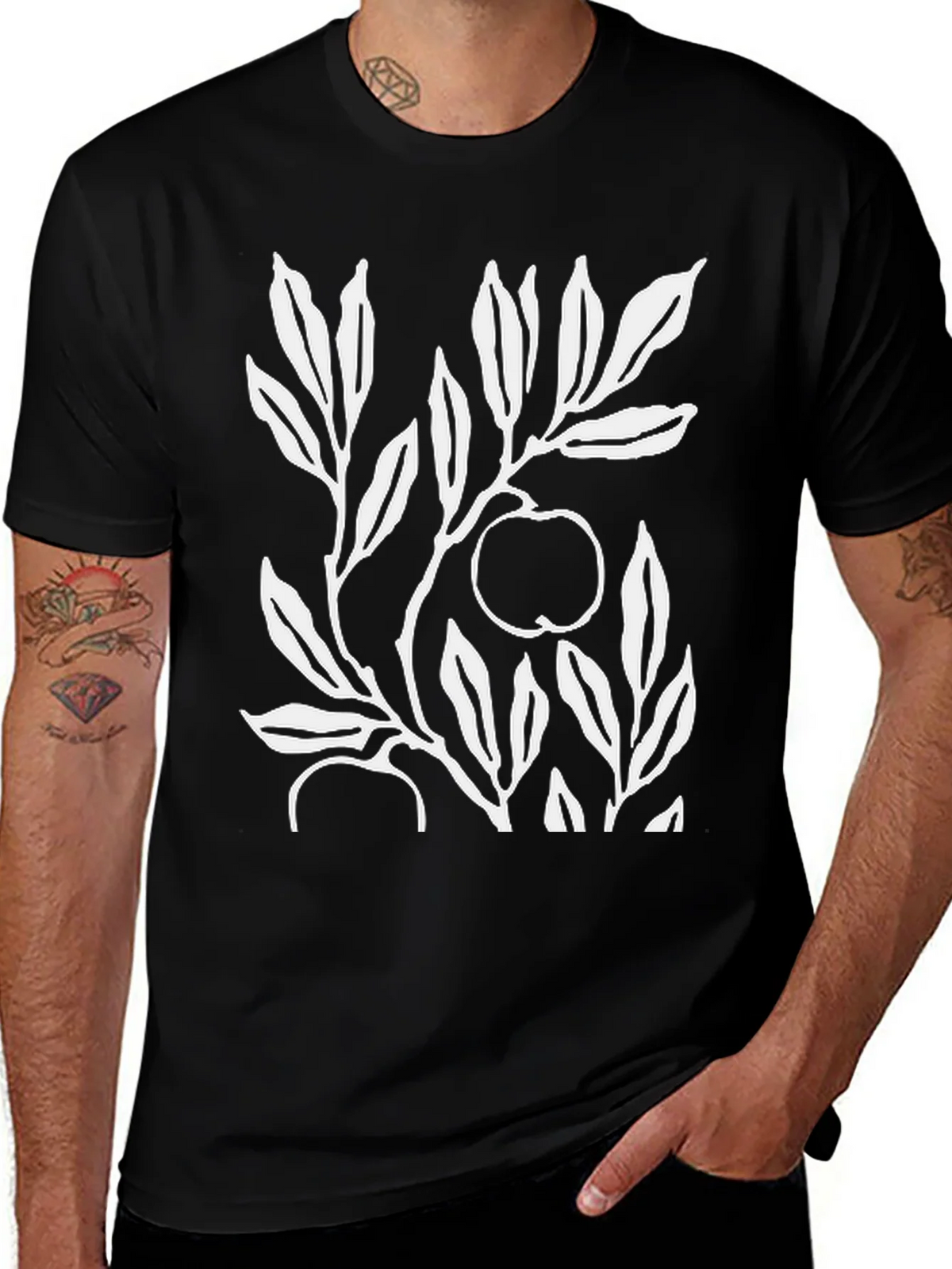 Botanical Apple Branch Print Black T-Shirt product image 1