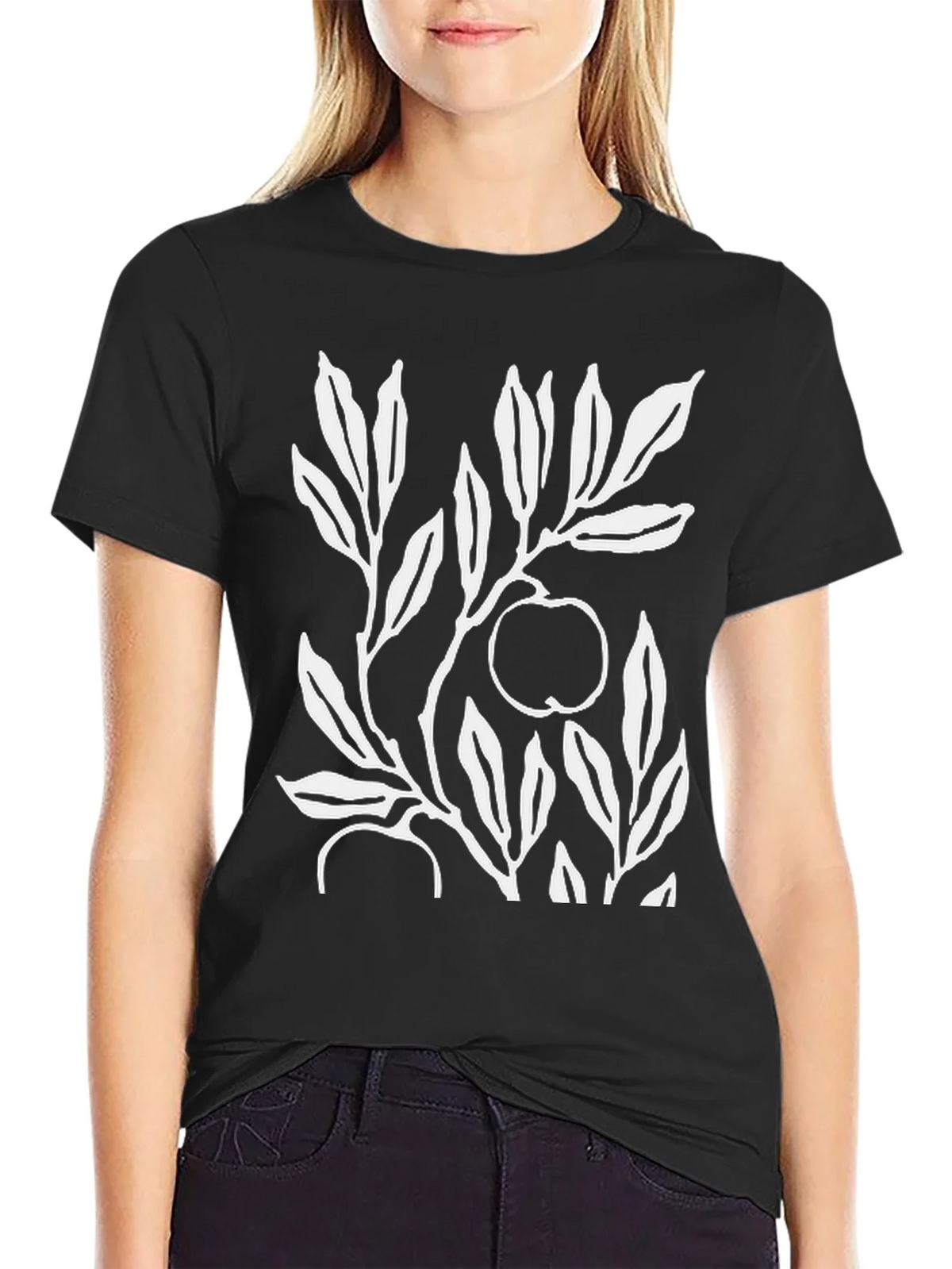 Botanical Apple Branch Print Black T-Shirt product image 2