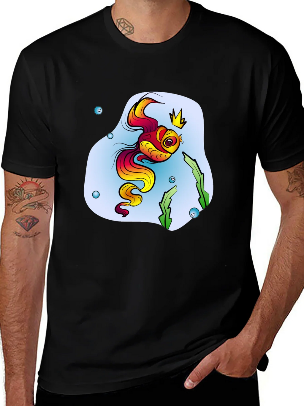 Cartoon Fish King Mens Black T-Shirt product image 1