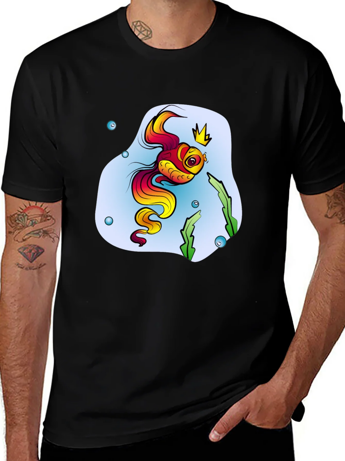 Cartoon Fish King Mens Black T-Shirt product image 1
