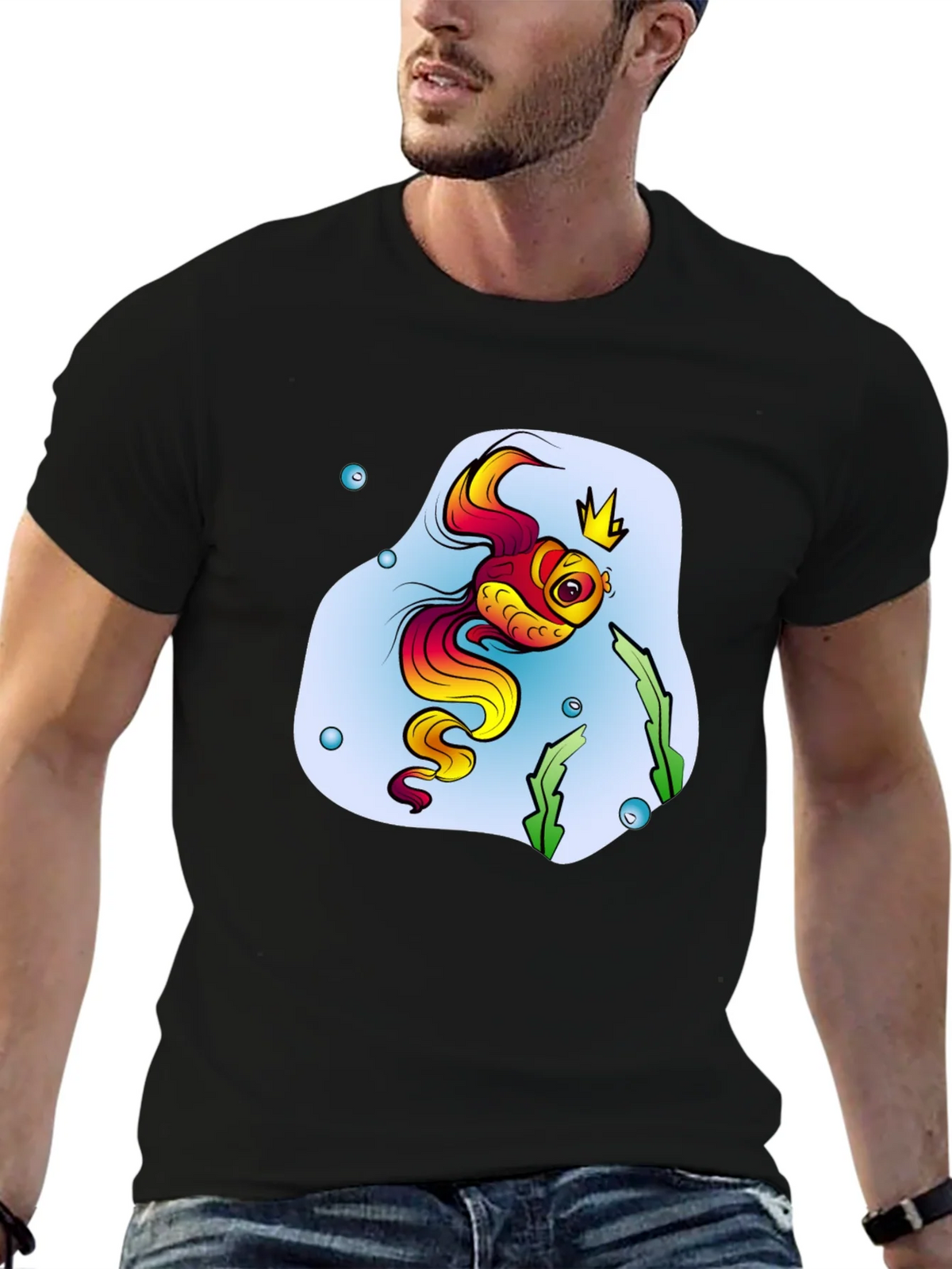 Cartoon Fish King Mens Black T-Shirt product image 6
