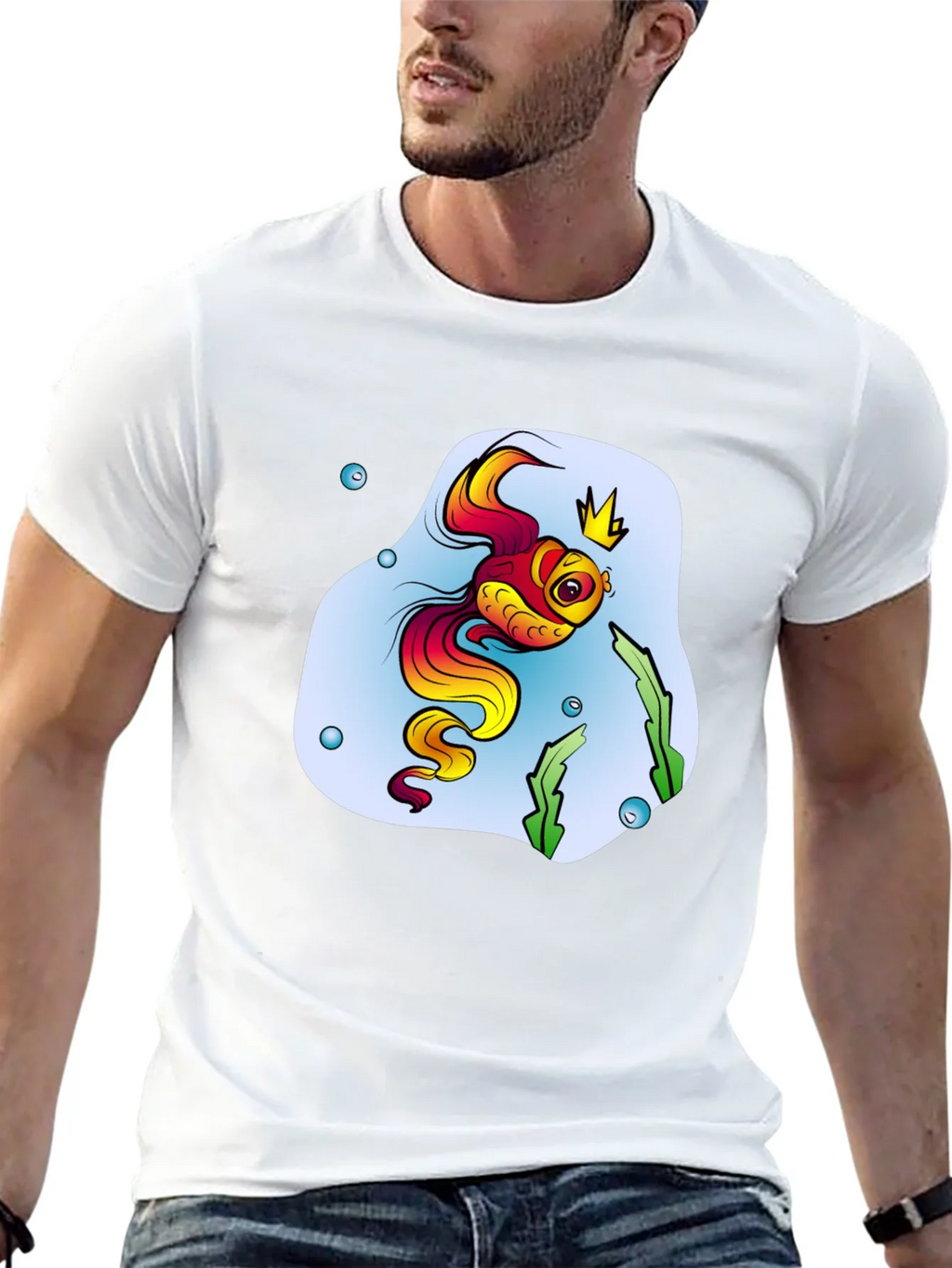 Cartoon Fish King Mens Black T-Shirt product image 12