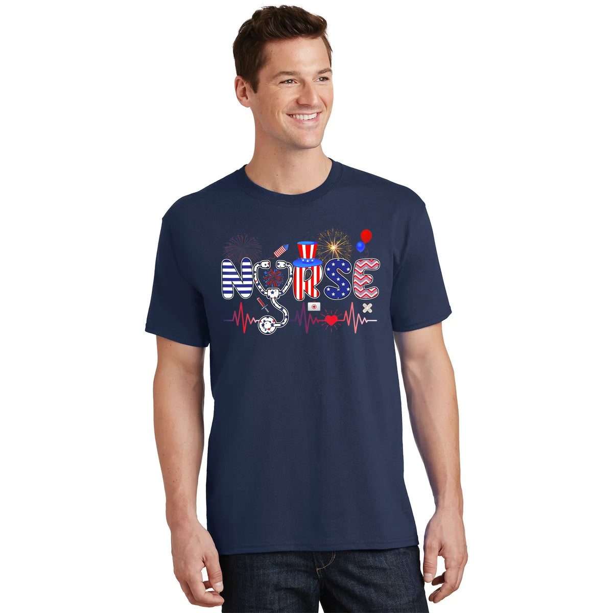 American Nurse 4th of July Stethoscope Heartbeat T-Shirt product image 1