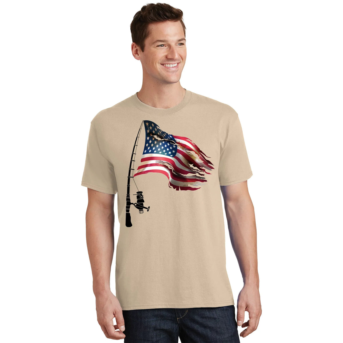 American USA Flag Fishing Pole T-Shirt product image 1