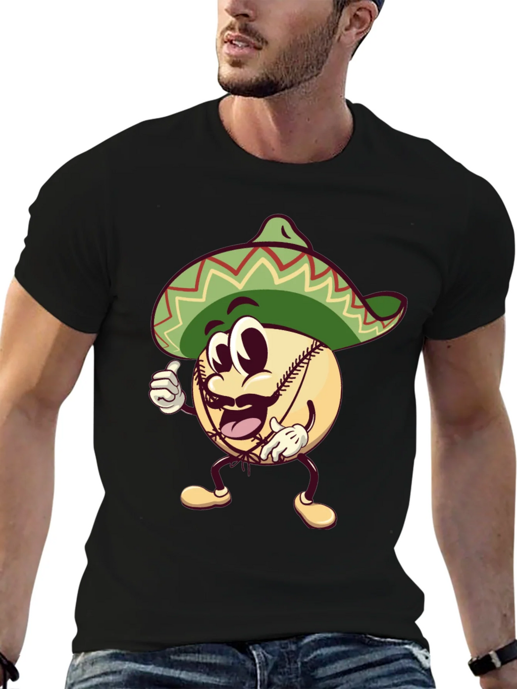 Baseball Man Sombrero Black T-Shirt product image 5