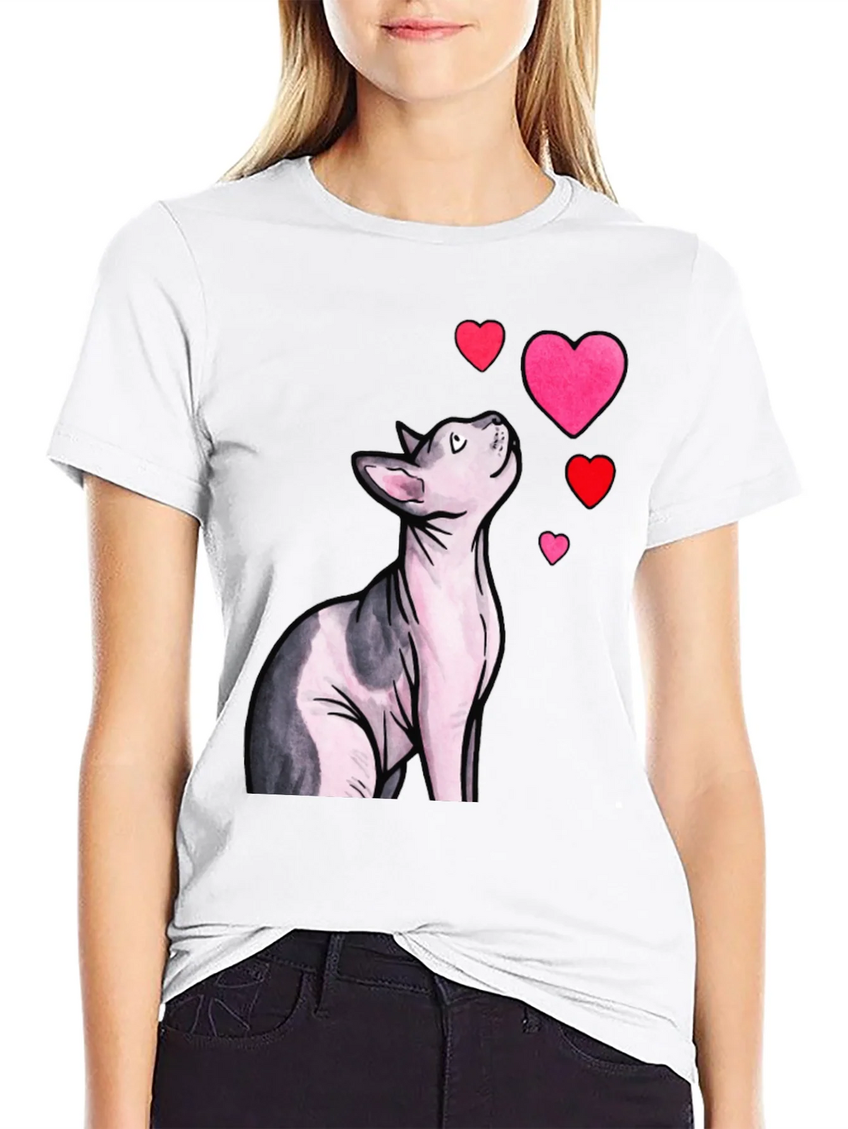 Sphynx Cat & Hearts Graphic T-Shirt - Black product image 8
