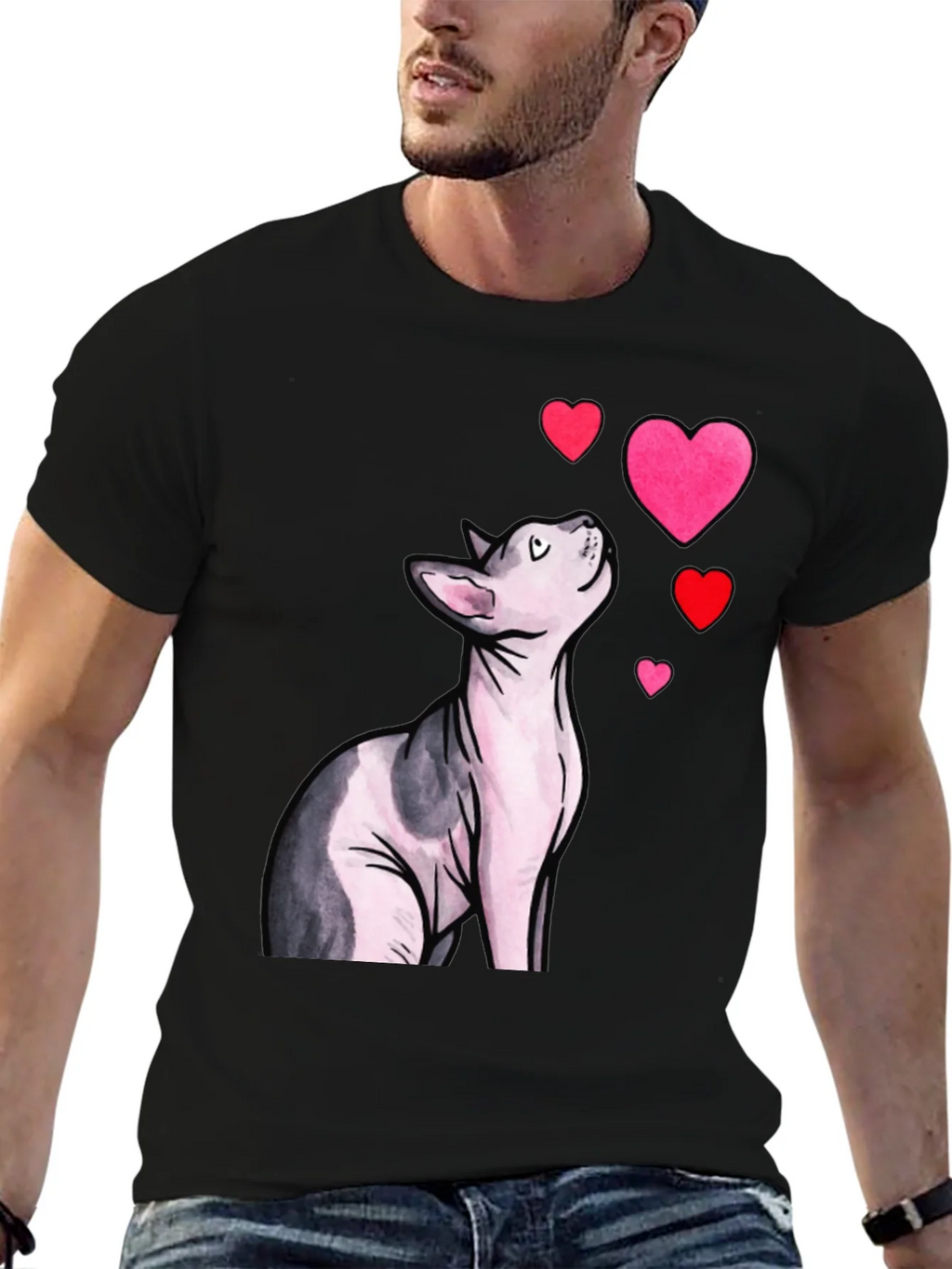 Sphynx Cat & Hearts Graphic T-Shirt - Black product image 6