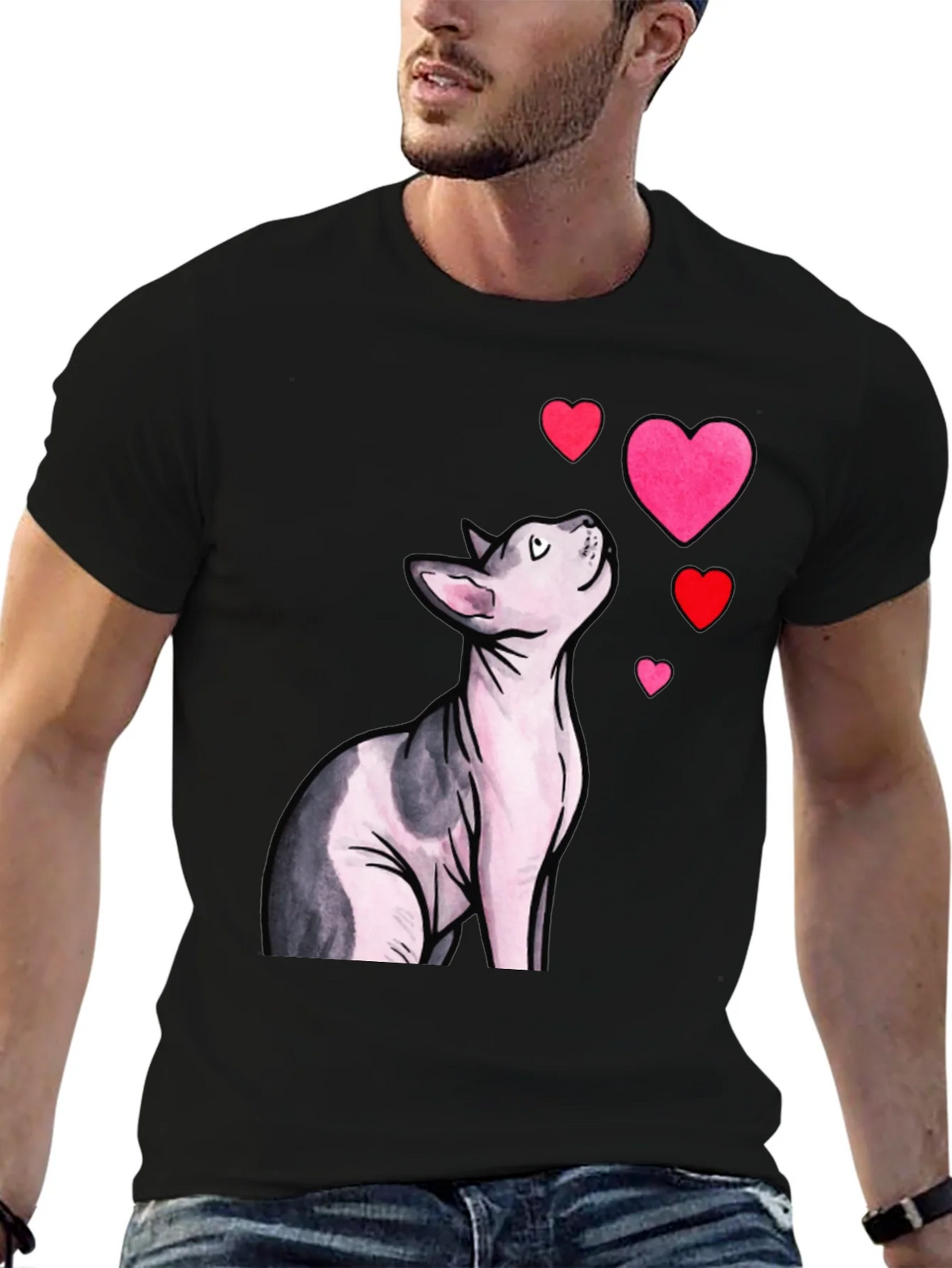 Sphynx Cat & Hearts Graphic T-Shirt - Black product image 6