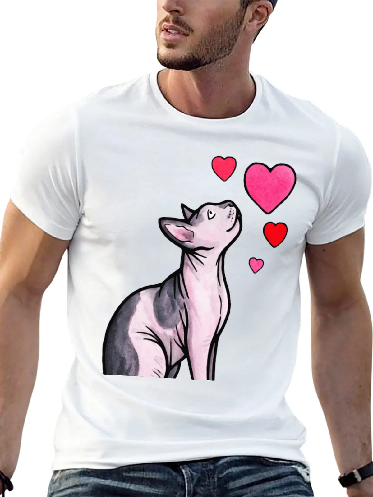 Sphynx Cat & Hearts Graphic T-Shirt - Black product image 12