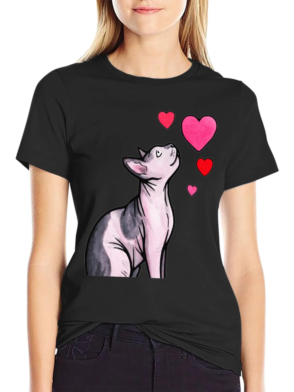Sphynx Cat & Hearts Graphic T-Shirt - Black product image 2