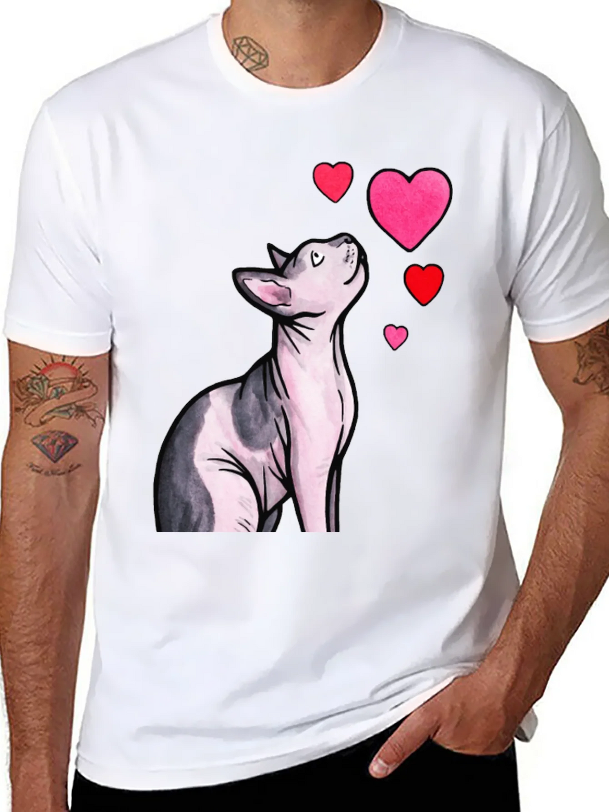 Sphynx Cat & Hearts Graphic T-Shirt - Black product image 7