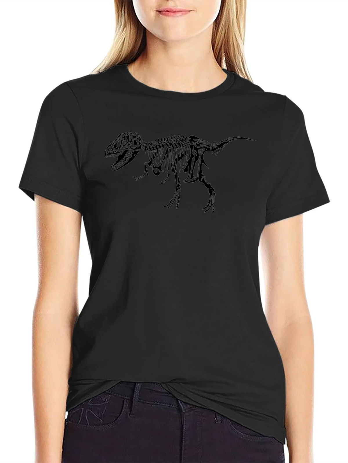 Dino Skeleton Graphic Tee - Black Cotton T-Shirt product image 2