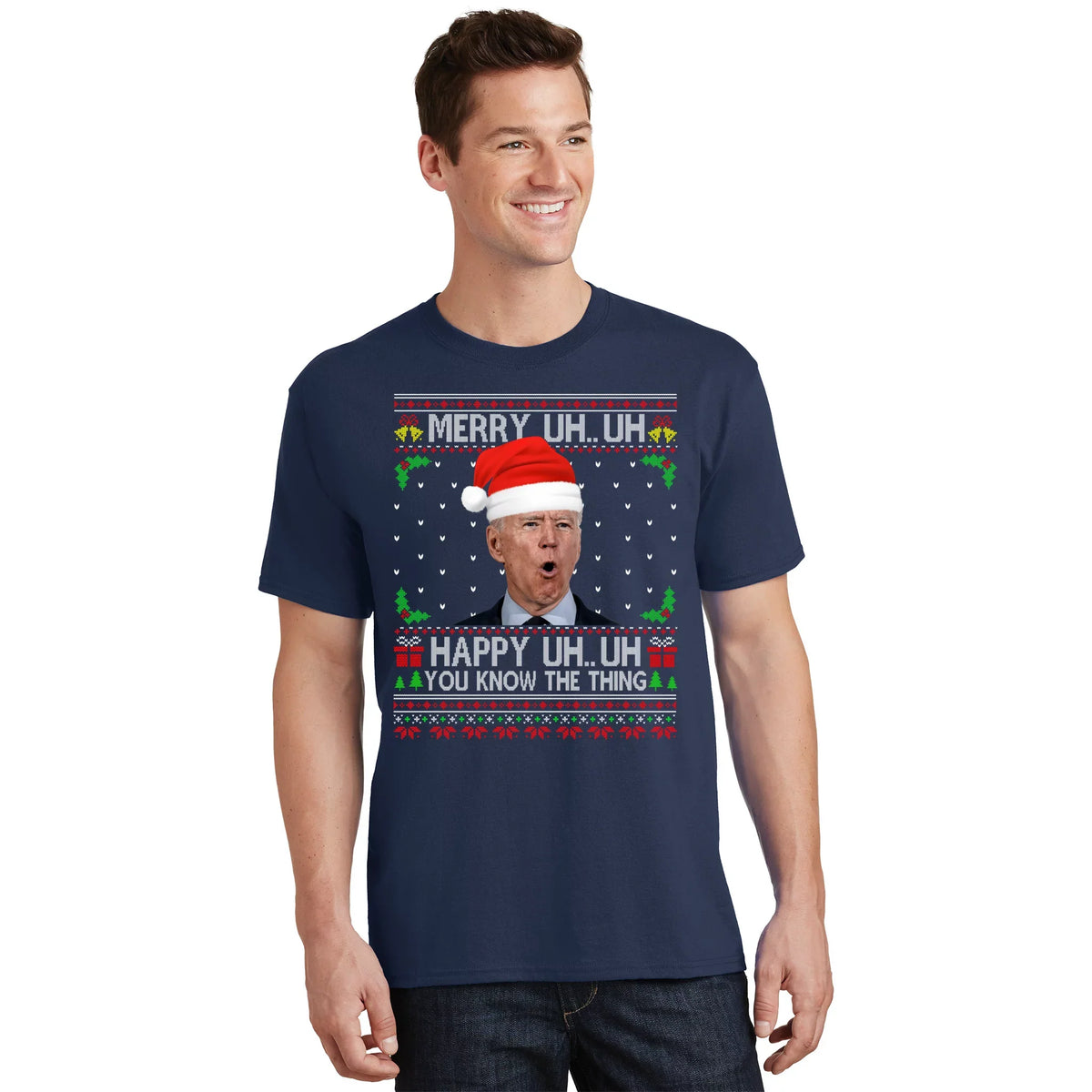 Santa Joe Biden Merry Uh Uh Christmas Ugly Sweater T-Shirt product image 1
