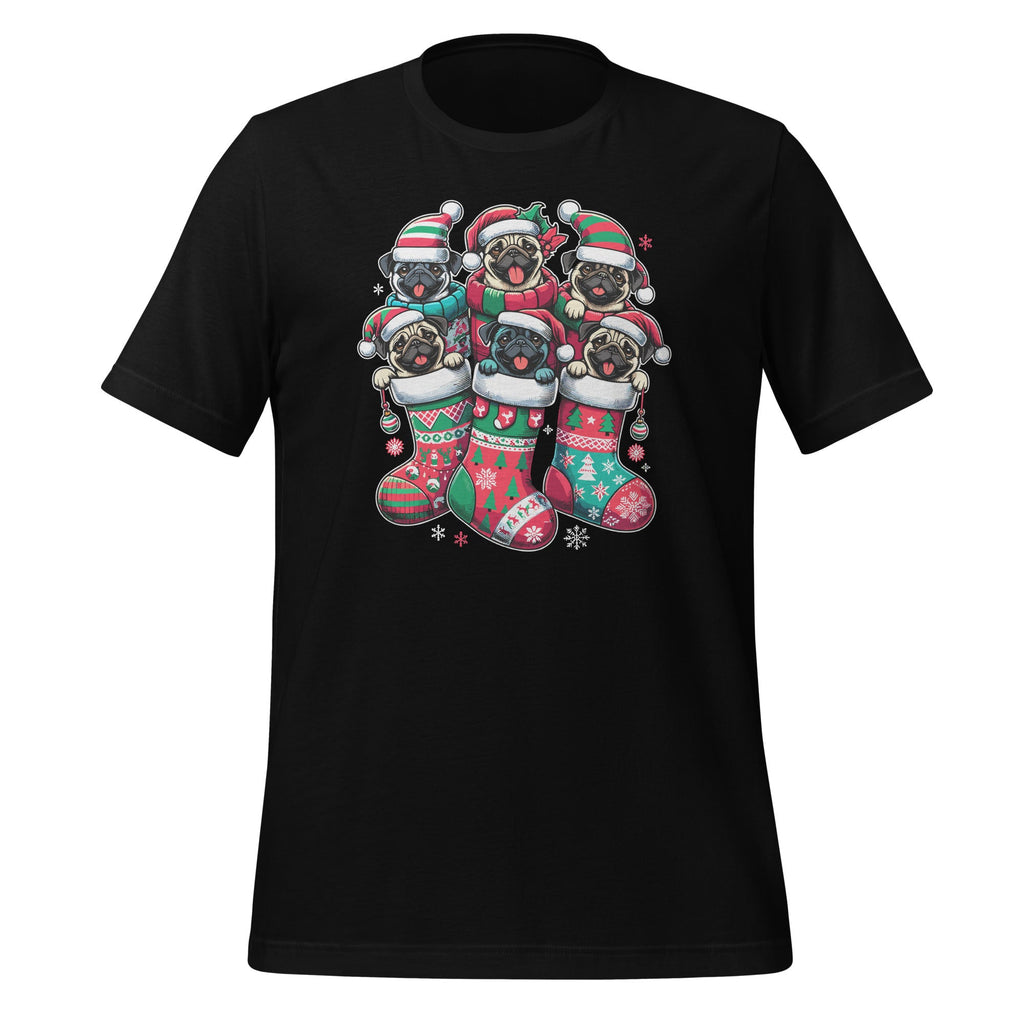 Santa Pugs in Christmas Socks Funny Xmas Dog Lover Pug Unisex T-Shirt