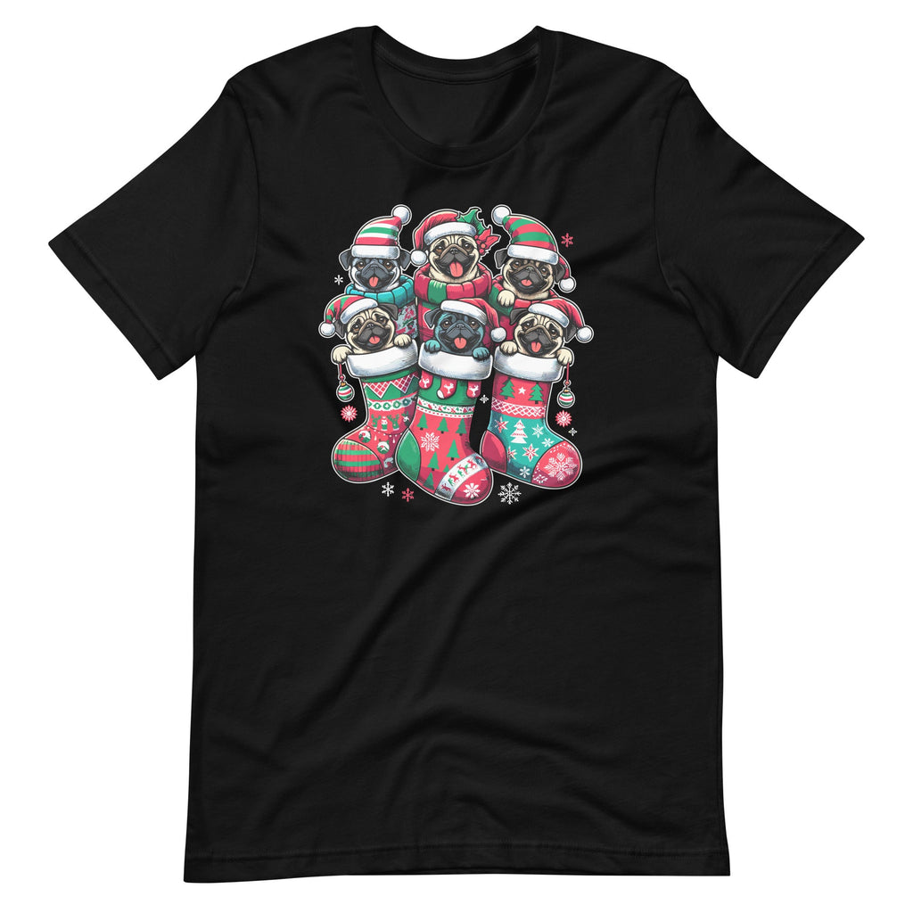 Santa Pugs in Christmas Socks Funny Xmas Dog Lover Pug Unisex T-Shirt