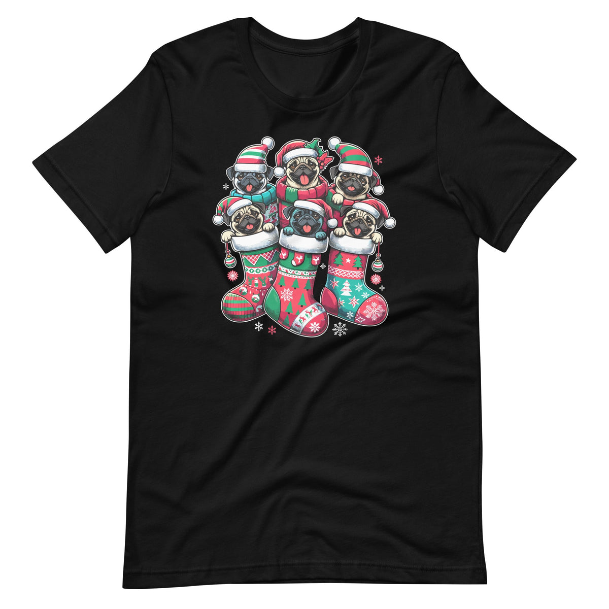 Santa Pugs in Christmas Socks Funny Xmas Dog Lover Pug Unisex T-Shirt