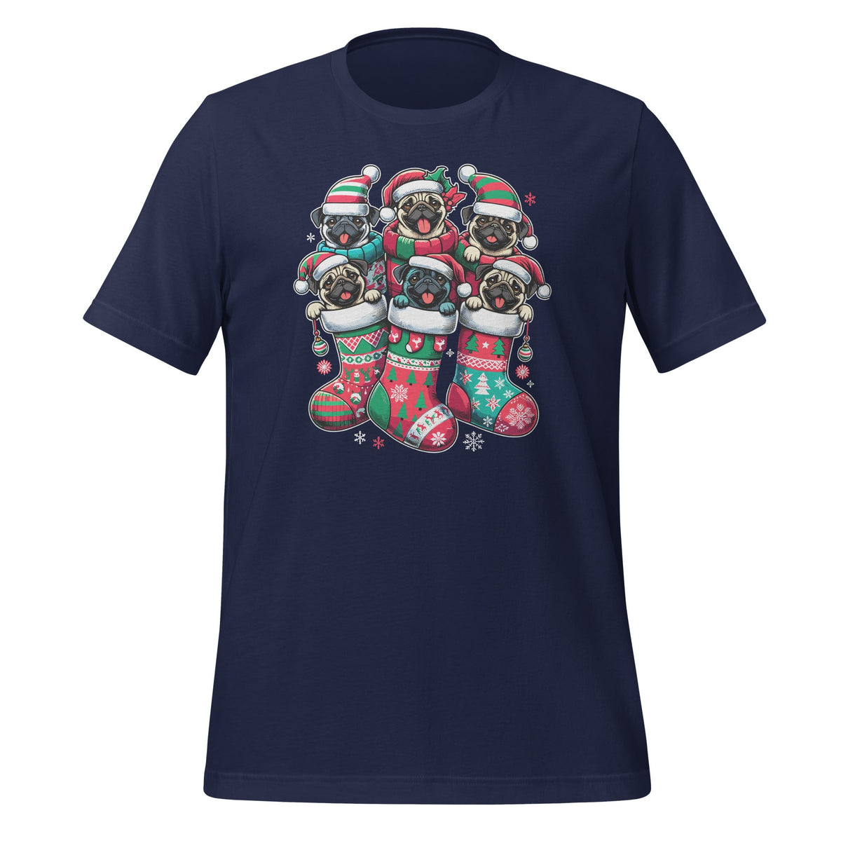 Santa Pugs in Christmas Socks Funny Xmas Dog Lover Pug Unisex T-Shirt