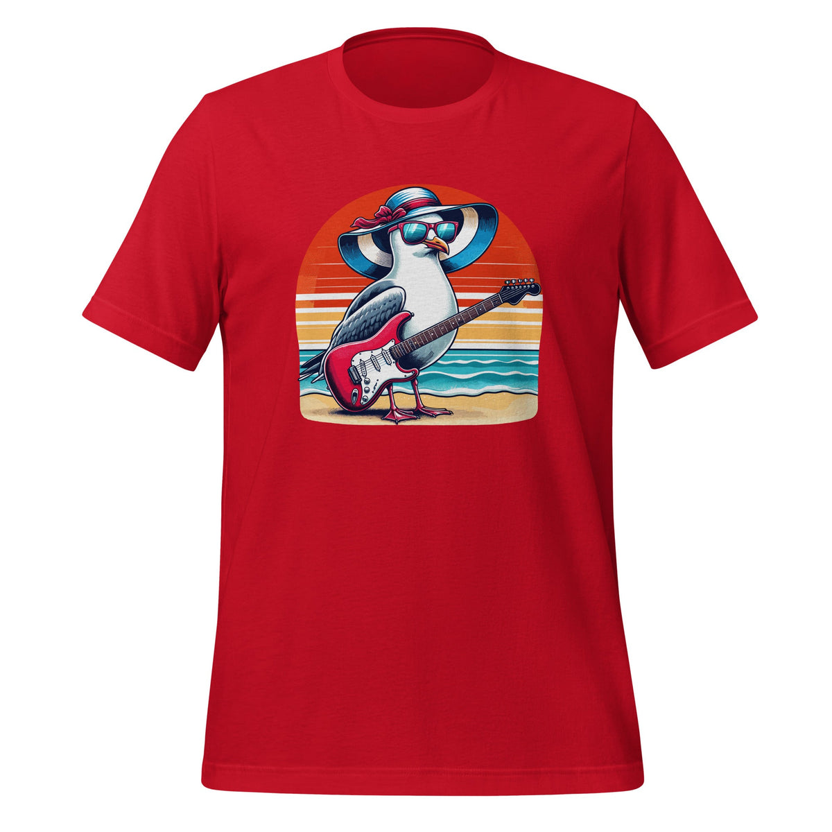 Funny Seagull With Beach Hat And Electric Guitar Art Unisex T-Shirt