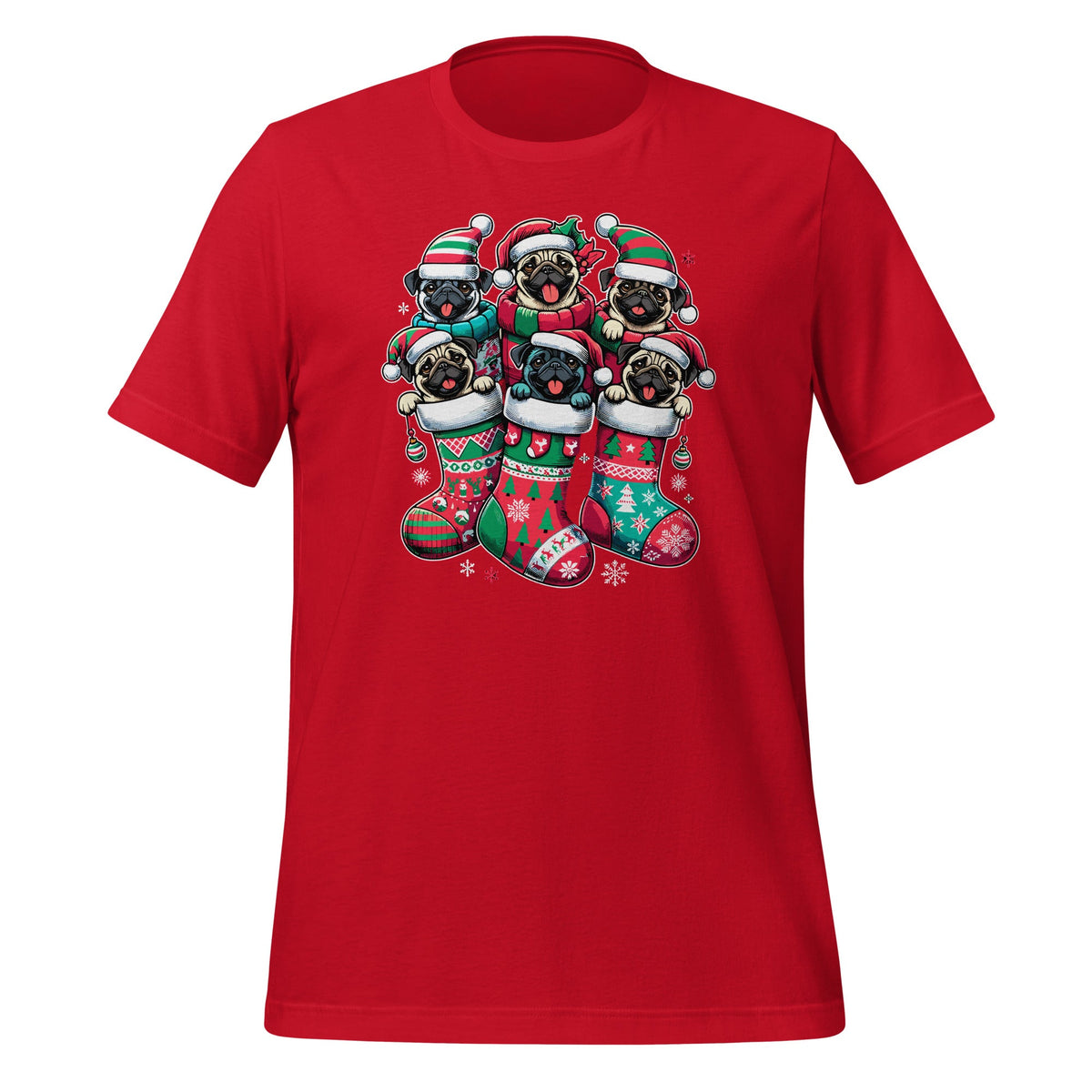 Santa Pugs in Christmas Socks Funny Xmas Dog Lover Pug Unisex T-Shirt